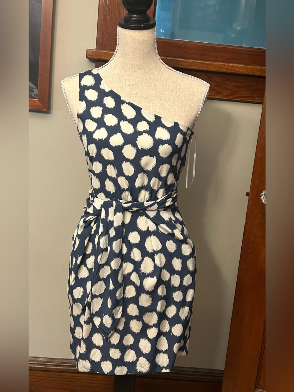 Theory Vivien Ikat Blue and Beige Dot One Shoulder Silk Mini Dress Size 0